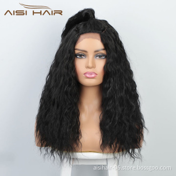 Aisi Hair New Design Long Wavy Natural Black Wig With Ponytail Swiss Lace Wig Body Wave Synthetic Hair Wigs For Women